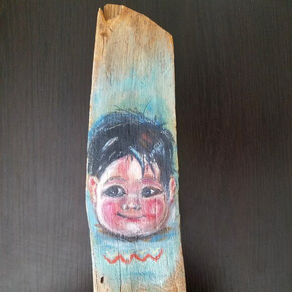 1960 Folk Art Smiling Boy Male Child Color Portrait - Oil on Wood - Southwestern